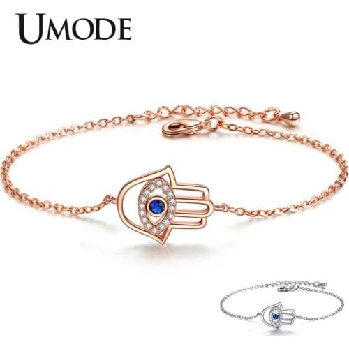 UMODE New Evil Eye Hamsa Hand Crystal Bracelet for Women White&Rose Gold Link Chain Round Blue&Clear Zircon Jewelry AUB0162