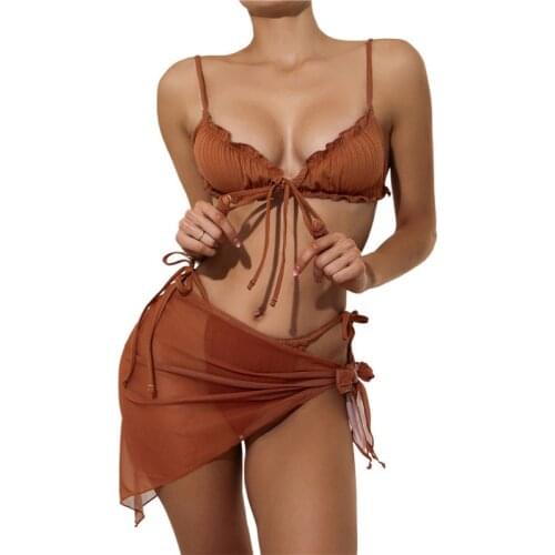 3Pcs Women Bathing Suit Split Swimsuit Set Solid Color Ruffles Bikini with +Lace-up Panties+See-through Mesh Cover Ups Sets