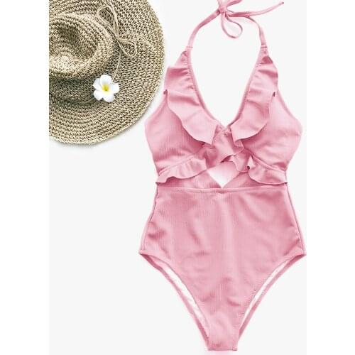 Women Ruffle One Piece Swimsuit Sexy Solid Halter Top Swimwear Female Summer Swimming Suit Bathing Monokini Beachwear Bather