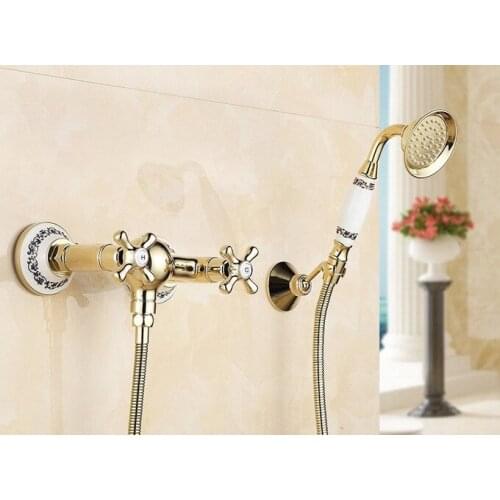 Gold Color Brass Wall Mounted Bathroom Two Cross Handles Telephone Hand Held Shower set With Wall bracket &1.5m Hose atf405