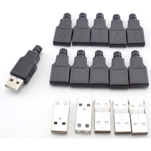 10pcs Type A Male USB Connectors 4 Pin Plug With Black Plastic Cover Solder 2.0 USB Socket DIY Connector 5V 1.5A-2A