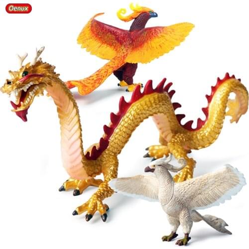Oenux 3PCS Original Classic Myth Animals Simulation Chinese Dragon Phoenix Red Model Action Figures PVC Lifelike Collection Toy