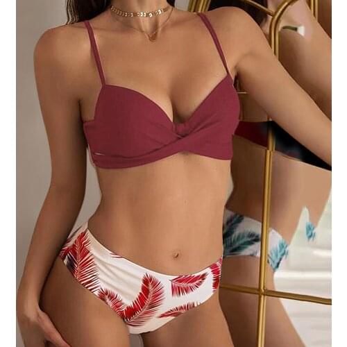 Brazilian Bikini Women Two Pieces Leaf Print Bikini Set High Waist Womens Swimsuit Shorts Brazilian Bikini Biquinis Feminino