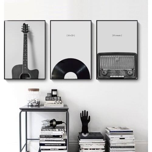 Black And White Guitar Radio Sentence Painting Canvas Musical Instruments Wall Art Pictures for Living Room Home Wall Decor
