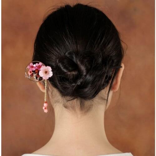 Flower Hair Stick Chinese Japanese Wooden Hair Chopsticks Tassel Hair Pin Chignon Pin Hair Styling Accessories for Women