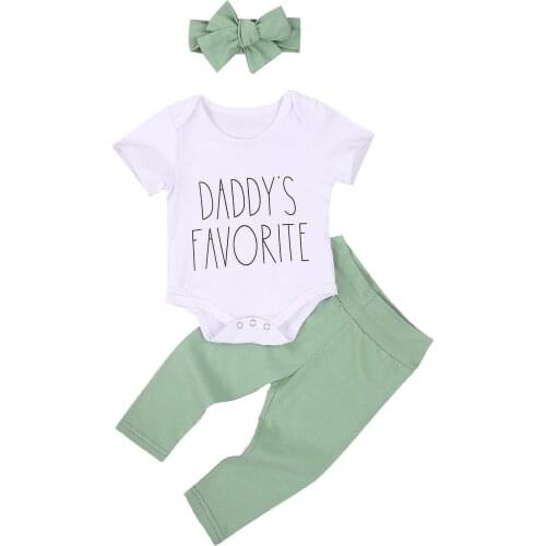 FOCUSNORM 0-24M Newborn Baby Girls Clothes Sets Letter Short Sleeve Romper Tops Pants Headband 3pcs