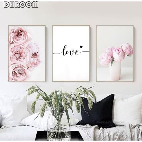 Canvas Painting Nordic Decor Pink Peony Flower Poster and Print Love Wall Art Floral Picture Bedroom Decor Home Decoration