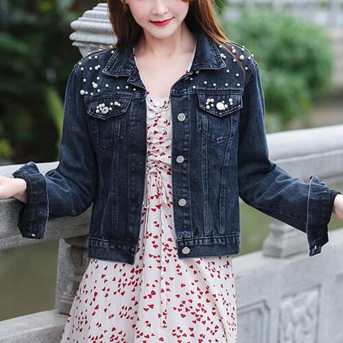 Jocoo Jolee 2021 Autumn Pearl Beading Crop Denim Jackets Women Jeans Bomber Jacket Korean Long Sleeve Denim Coat Oversized