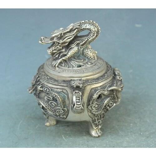 Very rare QingDyansty silver censer,Dragon,#066,Free shipping