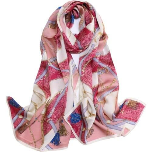 Luxurious 100% Stain Silk Long Scarf Womens Pashimina Belt Chain Printings Large Wrap Female Bandana Shawl