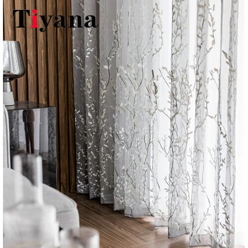 Embroidered Leaves Tulle Curtain for Window Curtains for Living Room Bedroom Pastoral Tulle Curtains Fabric Drapes ZH207Y