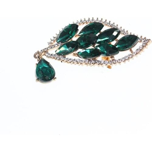 Womens natural emerald Crystal leaf lapel pin Water drop Rhinestones Large Brooch pin For Wedding Party