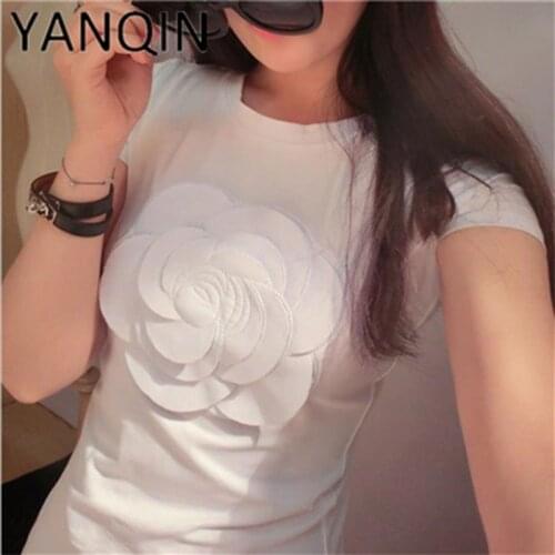 Women summer 3d camellia embroidery luxury T-shirt ladies fashion tops slim casual tee shirts vetement femal