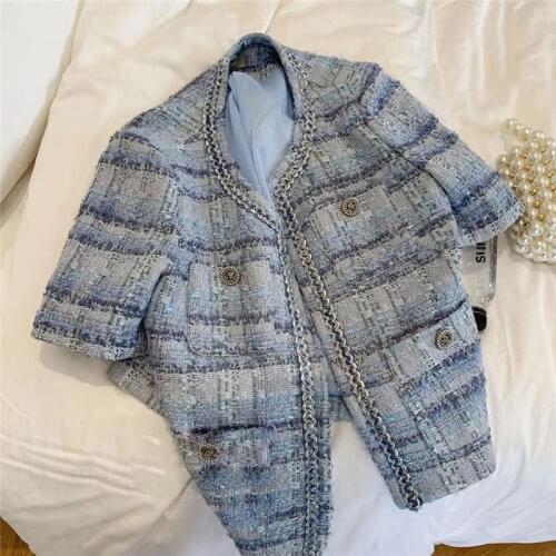 New Arrival Runway Womens High Quality Tweed Woolen Coat O Neck Short Sleeve Tassel Jacket Coat