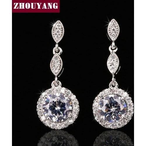 ZHOUYANG Top Quality CZ White Gold Color Round Earrings For Women Genuine Austrian Crystal Fashion Ear Jewelry Wholesale E592