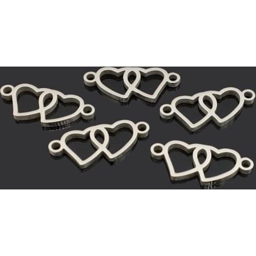 10pcs Heart to Heart Stainless Steel Connect Pendant Two Hole Stainless Steel Charm for Wish Bracelet Necklace Making