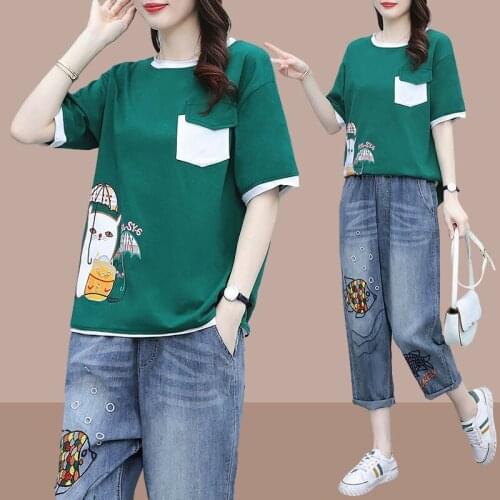 2021 Summer The New Cowboy Pants Suit Women Loose Plus Size Two-Piece Suit Ladies Short Sleeve Tops+ Denim Pants 2PCS 4XLB987