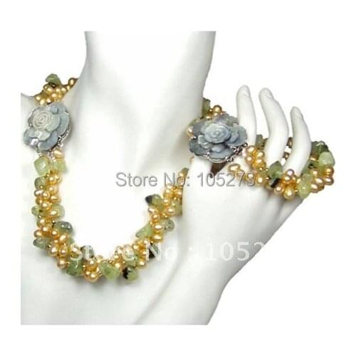 3Rows Genuine Yellow Color Freshwater Pearl Green Stone Necklace Bracelet AA 6-9MM Nice Pearl Jewelry Set New Free Shipping