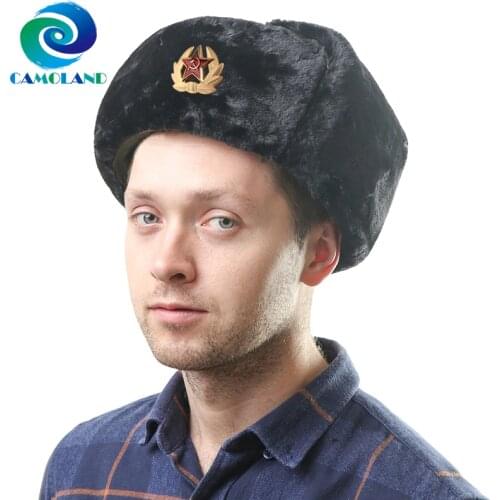 CAMOLAND Winter Thicker Faux Fur Earflap Hats Men Soviet Army Military Badge Russian Ushanka Hat Warm Bomber Hat Snow Caps