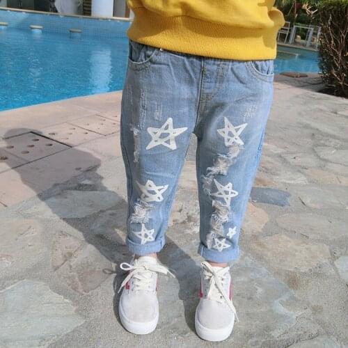 Girls Stars Jeans 2020 Spring Childrens clothing Korean Trousers Child Personality Hole Casual pants Childrens trousers