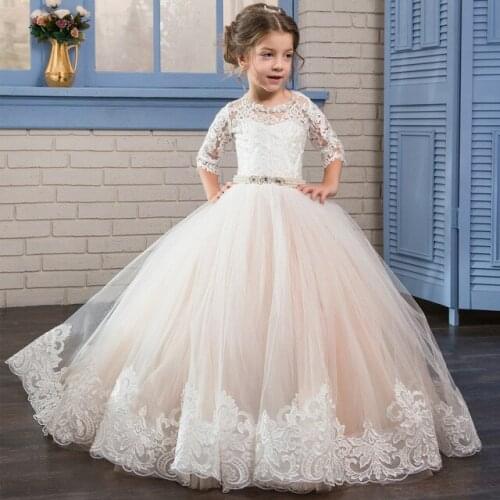 Elegant Lace First Communion Dresses For Girls Flower Girl Dresses For Wedding Party Ball Gowns Crystals Girl Party Dresses