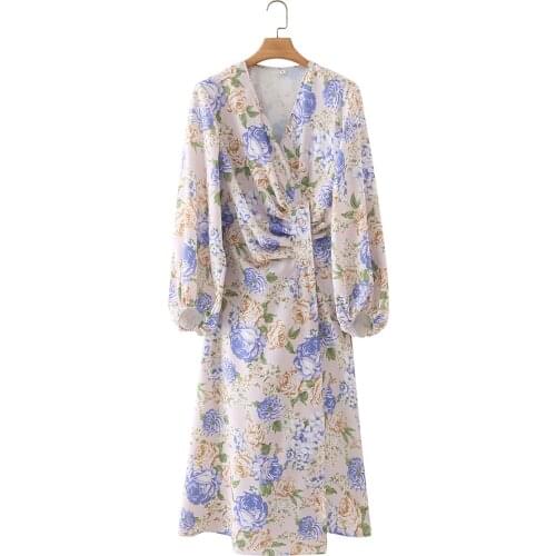 Jastie 2021 Summer Womens Dress Floral Print V-Neck Long Sleeve Midi Dresses Beach Party Holiday Bohemian Prom Female Dress