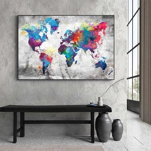 Modern Printed Canvas Print Painting Colorful World Map Home Decoration Wall Art Canvas Pictures for Living Room Home Decor