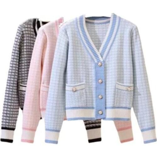 2021 Autumn New Small Short Sweater Retro Long Sleeve Knitted Cardigan Womens Outer V-Neck Sweater Loose Plaid Top Jacket