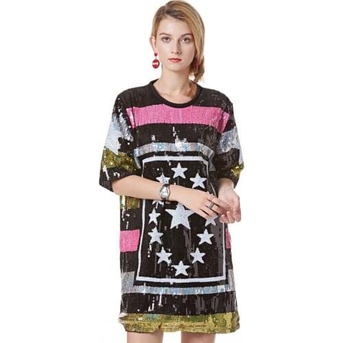 Summer Straight Half Sleeve O-neck Star Stripe High Street Fashion Elegant Vintage Free Size Club Sequin Women Dress 9959