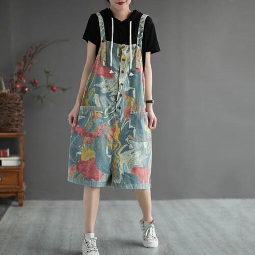 Summer Playsuit Women Sleeveless Loose Plus Size Jumpsuits Short Vintage Print Denin Overalls Jumpsuit Women Summer 2021 AA5632