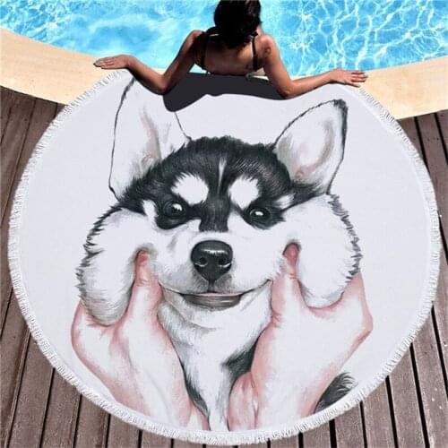 Lovely Cartoon Husky Bath Towel Soft Fast Drying Cloth For Children Animal Alaskan Printing Blanket Round Beach Towel Yoga Mat