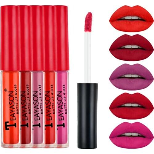 5 Pcs Velvet Matte Lip Gloss Kit Non-stick Cup Non-fading Easy To Color Long Lasting Waterproof Sweatproof Cosmetics TSLM2