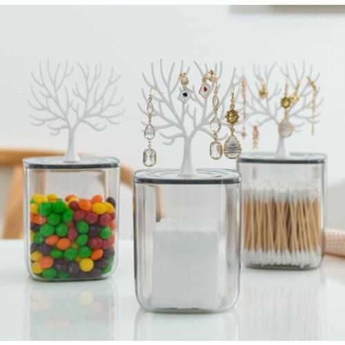 Desktop Storage Box With Small Tree Rack Transparent Cotton Swab Box Storage Organizer Canister Apothecary Jar For Cotton Swabs