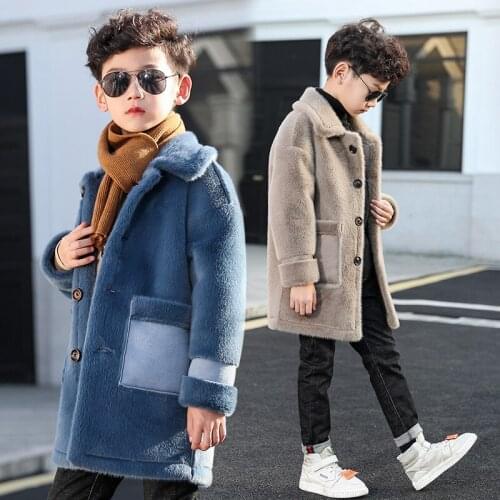 Kids Boys autumn / winter new solid color cashmere wool coat big virgin plus velvet warm coat 4-12 years old