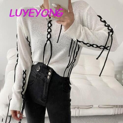 Autumn Harajuku Knit Crop Top Women Lace-up Fashion Design O Neck Street Pullover Sweater Black White Lady Stripe Short Sweaters