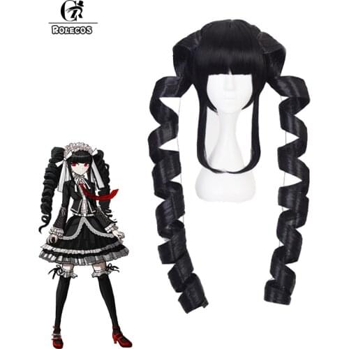 ROLECOS Game Danganronpa Cosplay Celestia Ludenberg Cosplay Wigs Black Spiral Curl Long Synthetic Hairs