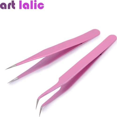 Pink Stainless Steel Tweezers Straight / Curved Nail Art Pick Up Tools Eyelash Extension Tweezer Nippers Pointed Nipper Clip
