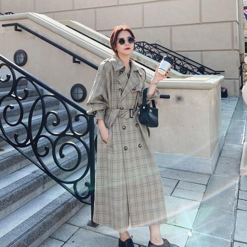 Plaid Trench Coat Women Long Lace-up Button Womens 2020 Spring New Waistband Overcoat Long-sleeved Windbreaker Female Z1014