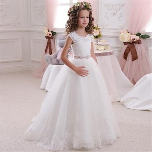 White Flower Girls Dresses Sleeveless Lace Applique Tulle Fluffy Floor Length Girls First Holy Communion Princess Dresses
