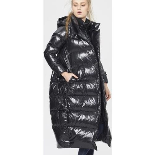 5XL Size Women Winter Black Glossy Long Down Jacket 2019 New Fashion Fake Two Piece Hooded White Duck Feather Coat Female HJ206