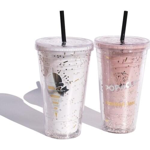 Pink Double Layer Plastic Cups with Lids and Straw BPA Free Drinking Straw Cup Water Bottle for Drinking Coffee Mug Juice Milk