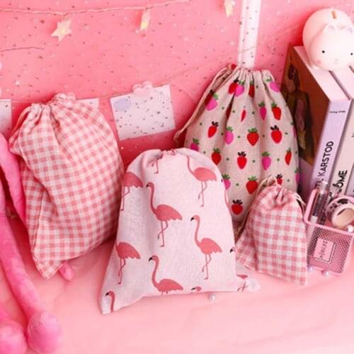 1PC Flamingo Strawberry Pattern Handmade Cotton Linen Storage Package Bag Drawstring Bag Travel Women Small Cloth Bag pouch