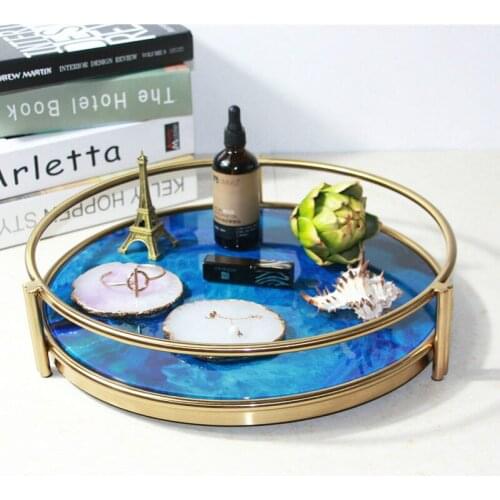 Light Luxury Glass Storage Tray Home Decoration Ornaments Tea Set Disc Blue Glass Agate Metal Crafts