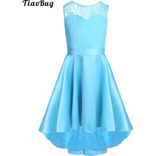 TiaoBug Fashion Kids Lace High-Low Hem Flower Girl Dress Princess Pageant Wedding Bridesmaid Birthday Party Dress Formal Wear