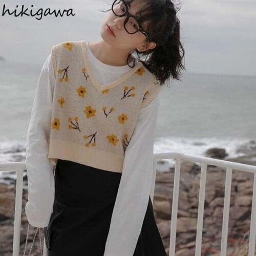 Hikigawa Y2k Top for Women Clothes Vintage V Neck Short Vest Loose Flower Sweaters Sleeveless Korean 2021 Womens Sweater Vests