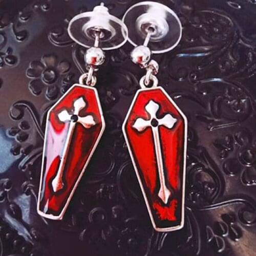 Dangle Earring Retro Death Cross Red Dripping Coffin Plate Earrings Punk Goth Statement Earrings for Women Halloween Accessories