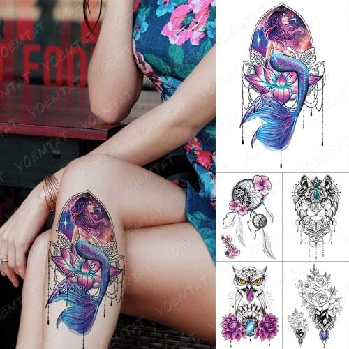 Waterproof Temporary Tattoo Sticker Starry Dream Mermaid Flash Tattoos Owl Dream Catcher Body Art Arm Fake Tatoo Women Men