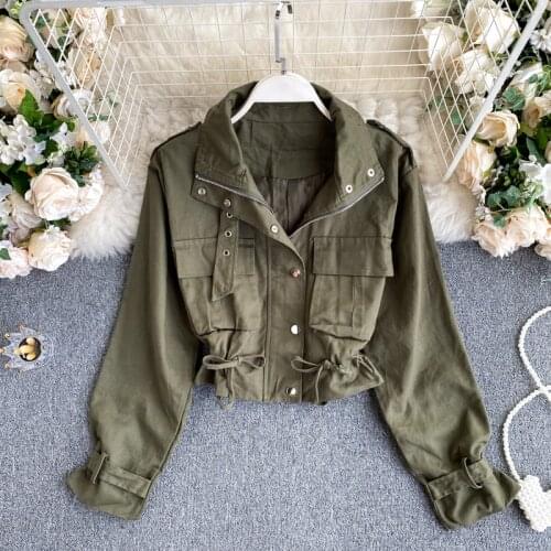 2020 New Fashion Spring Autumn Womens Jacket Solid Safari Style Turn Down Collar Full Sleeve All Match Short Coat with Pockets
