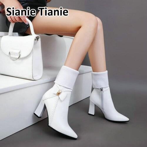 Sianie Tianie 2020 new patent PU leather pointed toe block high heels lace-up woman shoes fuschia white women ankle boots bootie