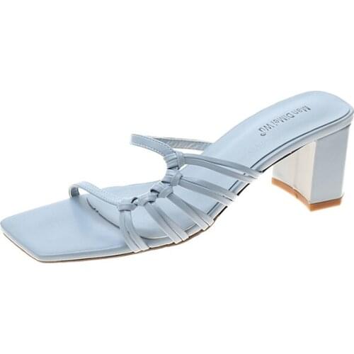 2021 Summer New High Heels for Women Open Toe Blue Indoor Slippers Woman Casual Beige Square heel Slides Ladies Pink House Shoes